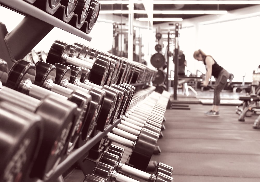 Rack of dumbbells in a training studio